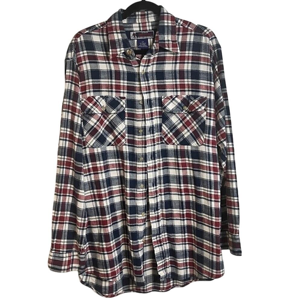Williams Bay White Red Plaid Flannel Shirt Long Sleeve Heavyweight Size L TALL